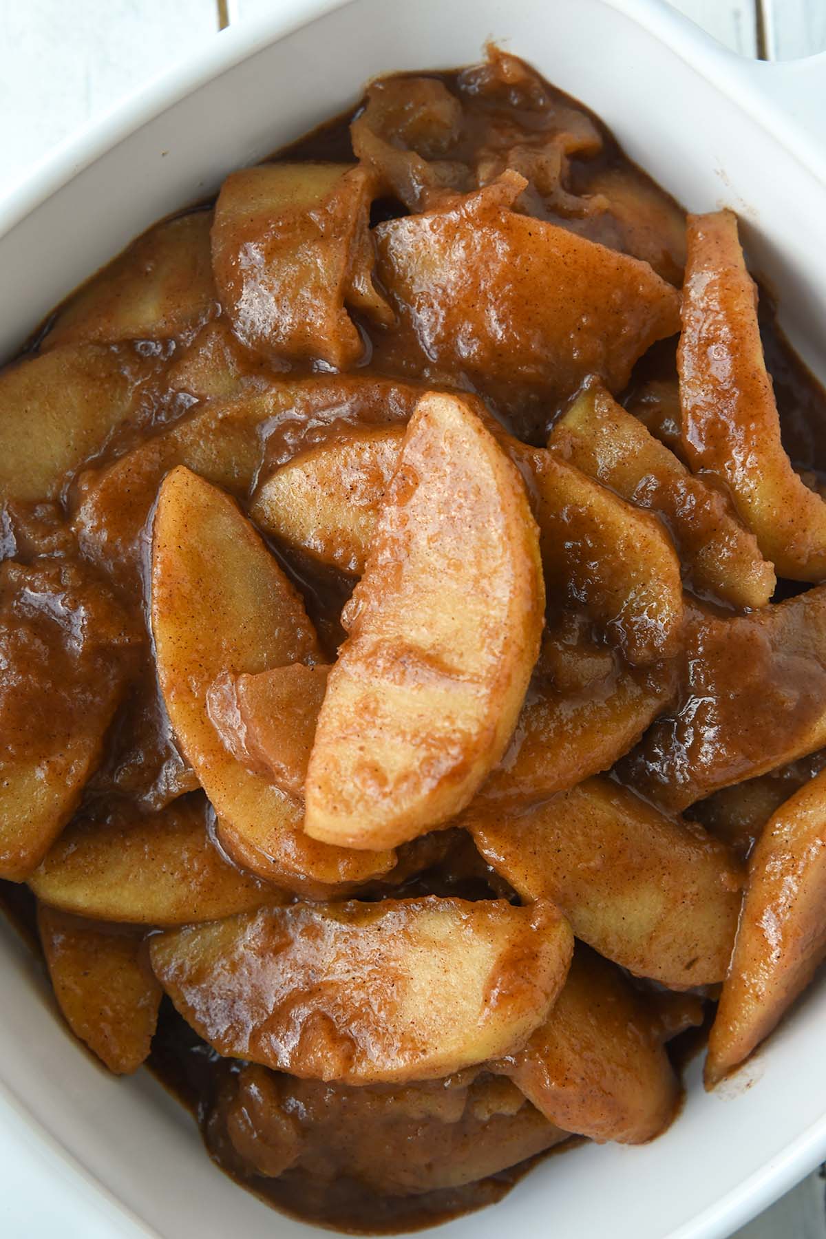 Above view of a bowl of fried apples.