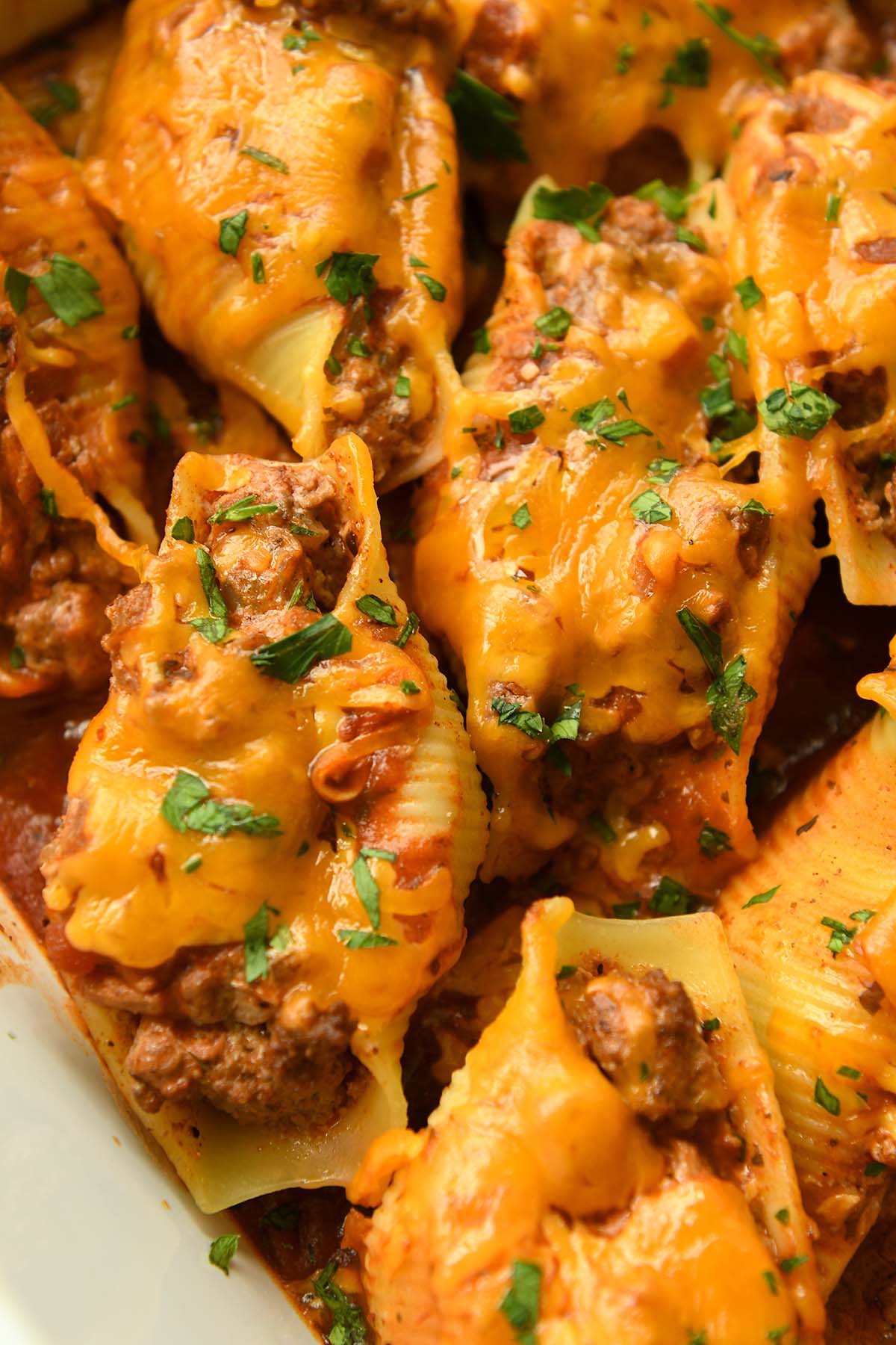 Up close of two stuffed shells sprinkled with chopped cilantro.