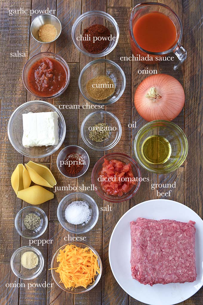 All of the ingredients needed to make this pasta shell recipe.