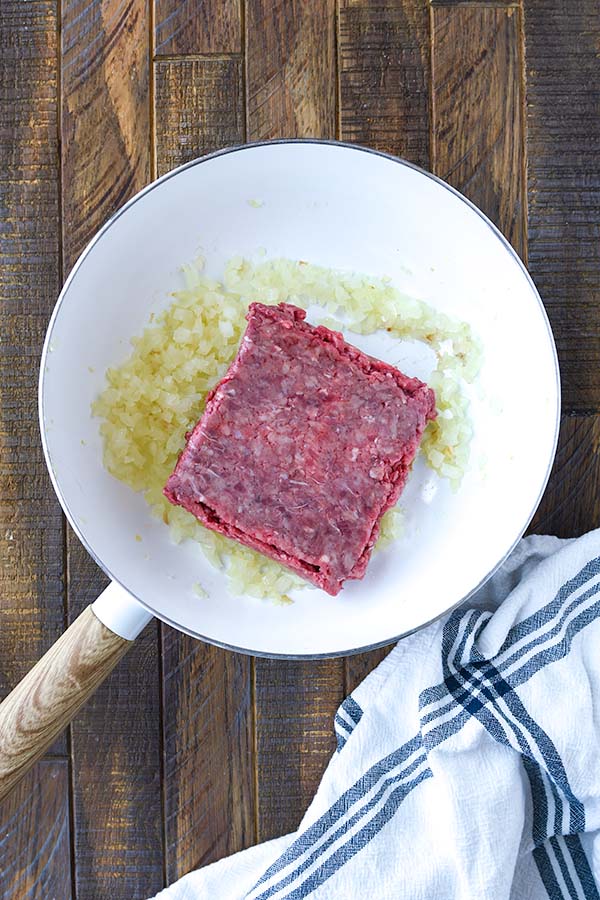 Step two is browning the ground beef.