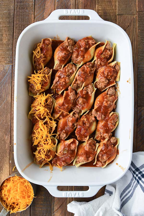 Step seven is the baking dish with the stuffed shells being co