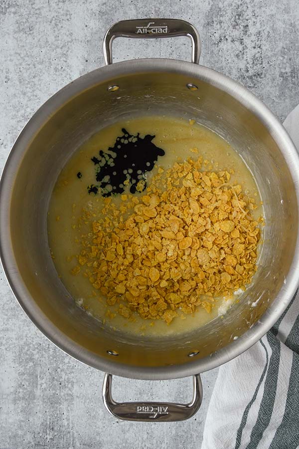 Step three is the green food coloring and cornflakes add to the pot.