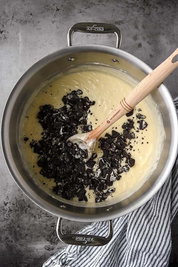 Step 3 is to quickly stir in the Oreo cookie crumbs.