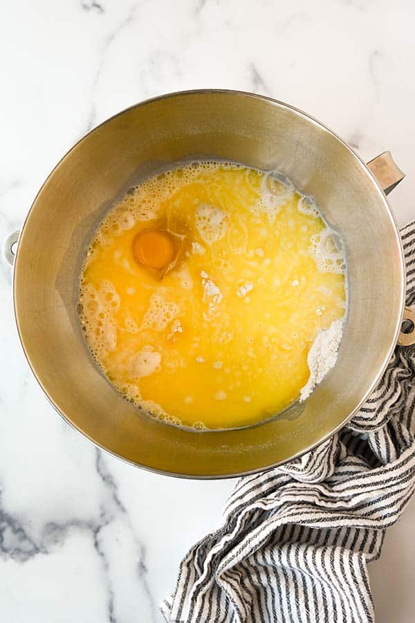 Step two is adding in the liquids to the dry ingredients.