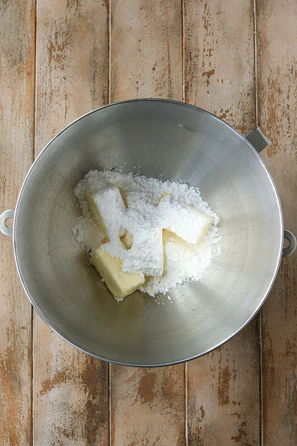 Step 1 is a metal mixing bowl with butter and powdered sugar.