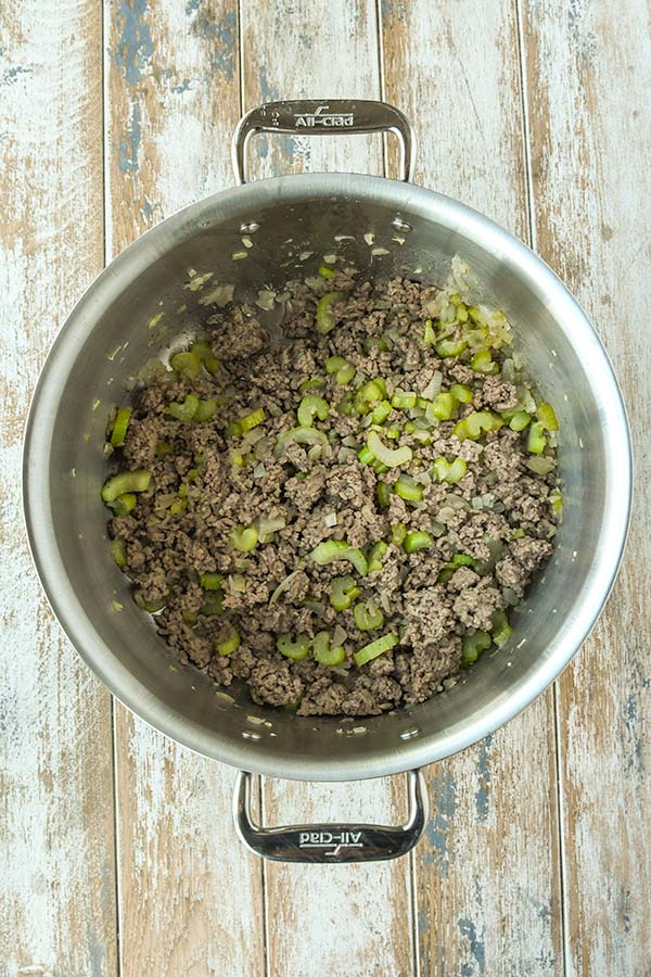 Step three is the cooked beef mixed with the onions and celery.