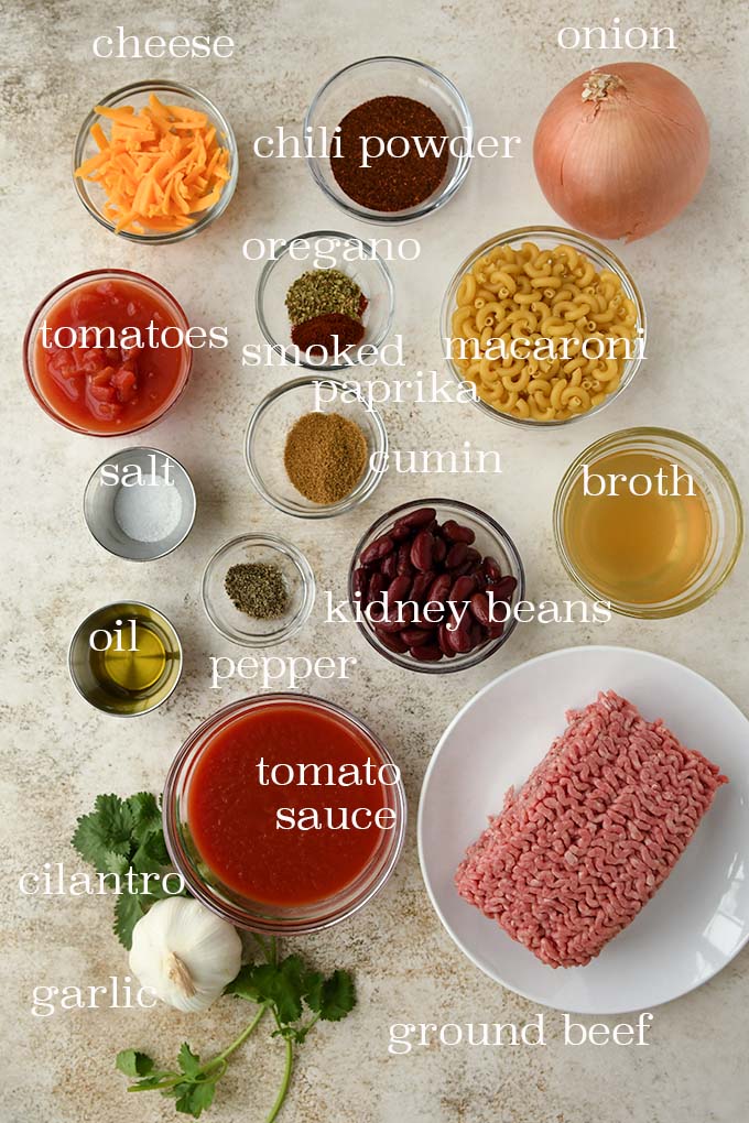 All of the ingredients needed to make chili mac.