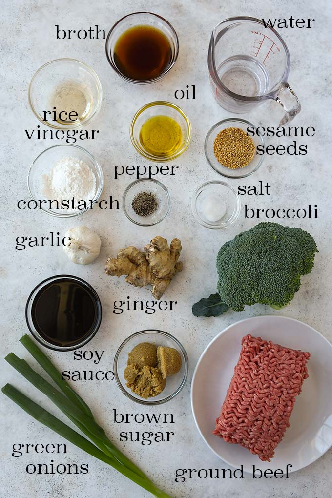 All of the ingredients needed to make ground beef with broccoli.