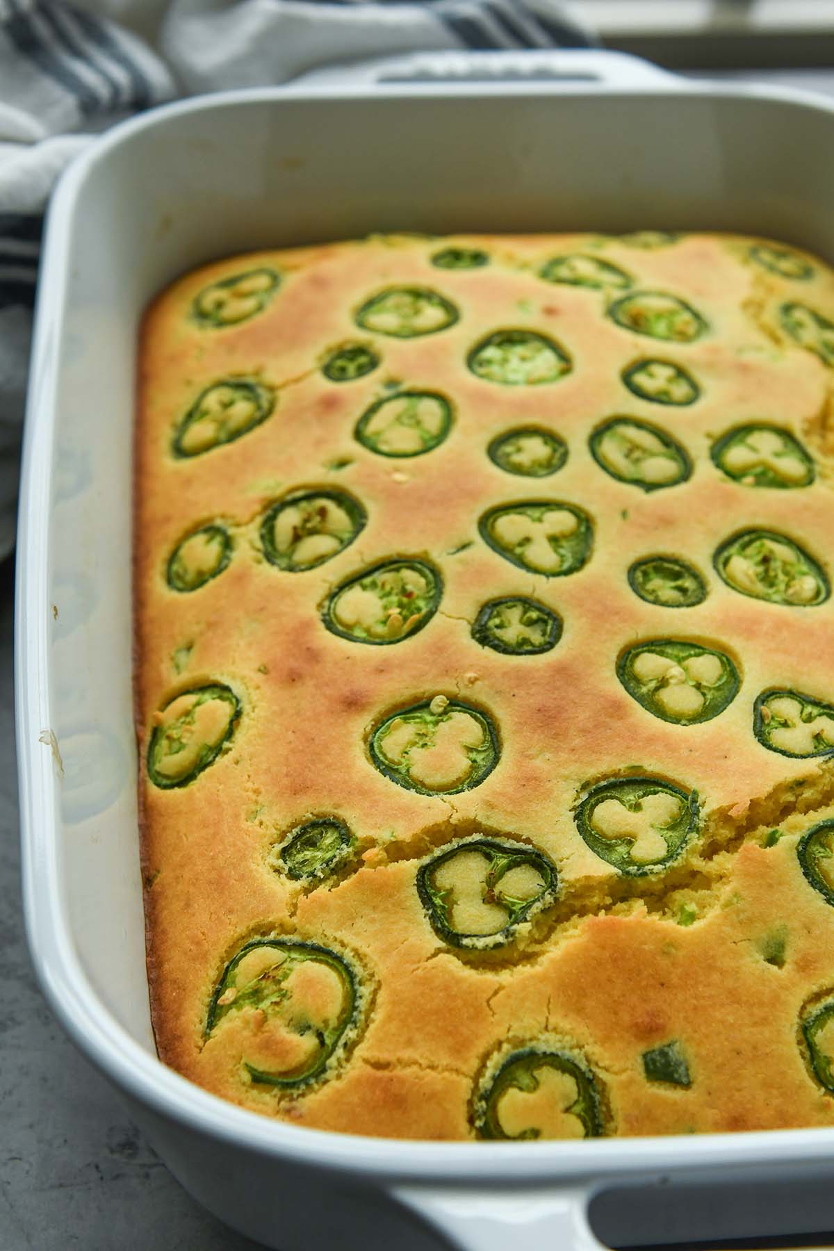 A whole baking pan of jalapeño cornbread.