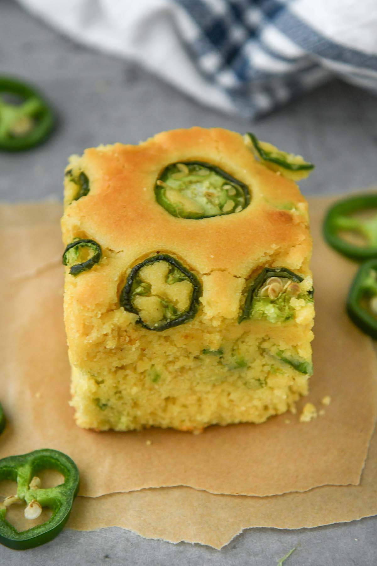 Up close of a square of cornbread.