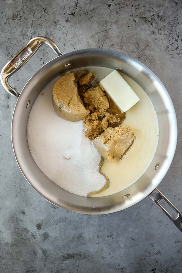 Step two is adding in the sugars, milk, salt, and butter.