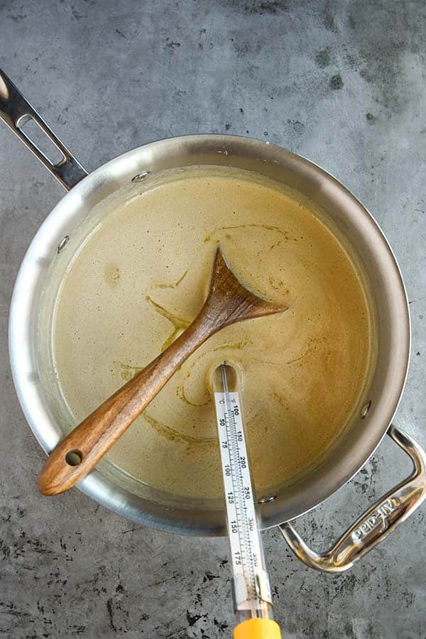 Step three is melting everything and adding the candy thermometer.