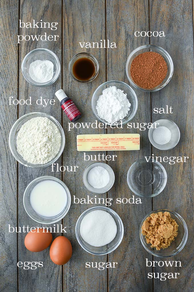 All of the ingredients needed to make red velvet crinkle cookies.