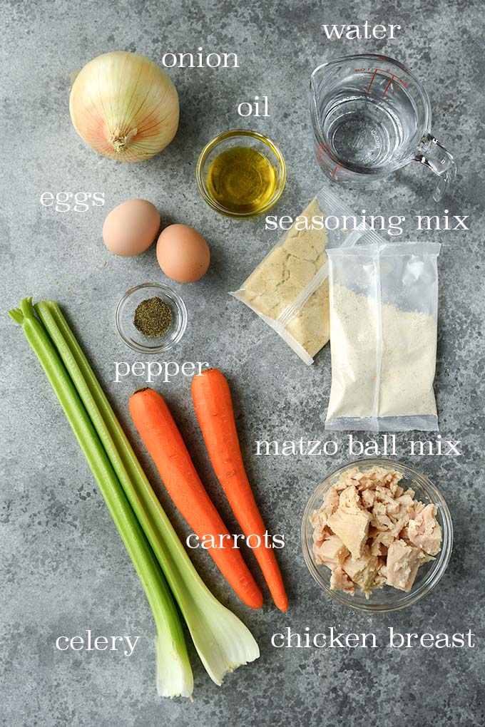 All of the ingredients needed to make matzo ball soup.