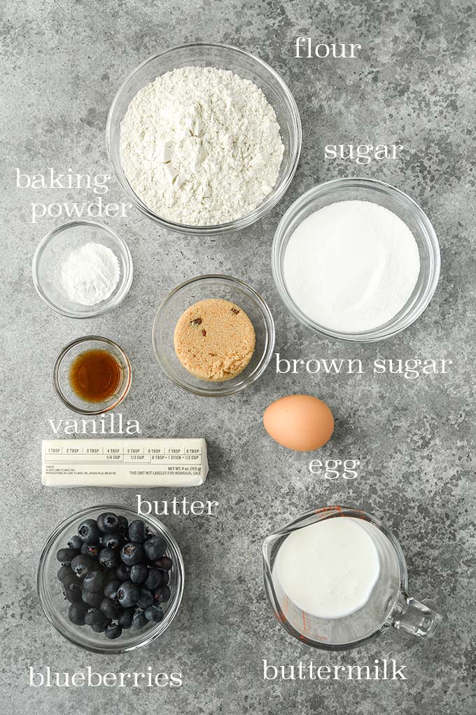All of the ingredients needed to make blueberry muffins.