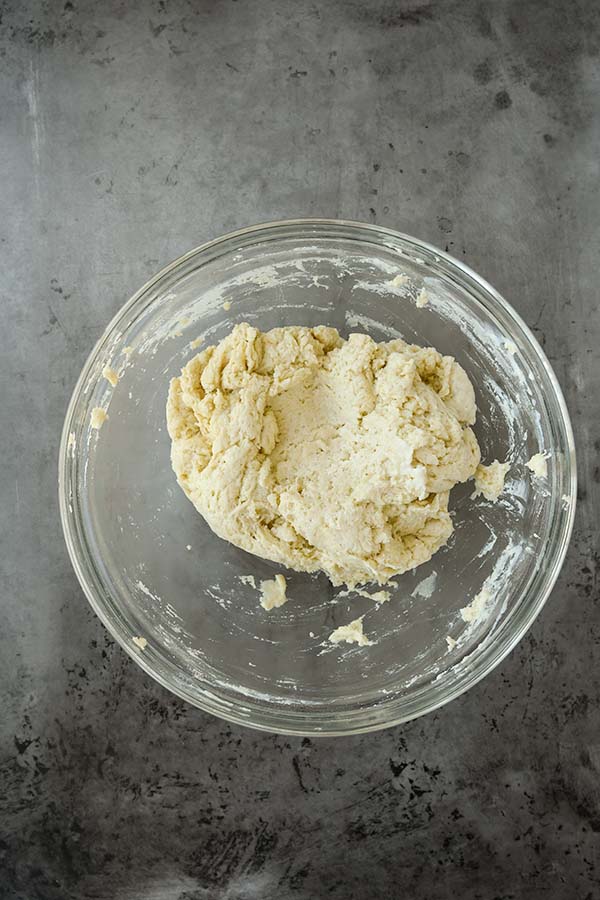 A bowl with all the ingredients mixed into a dough.