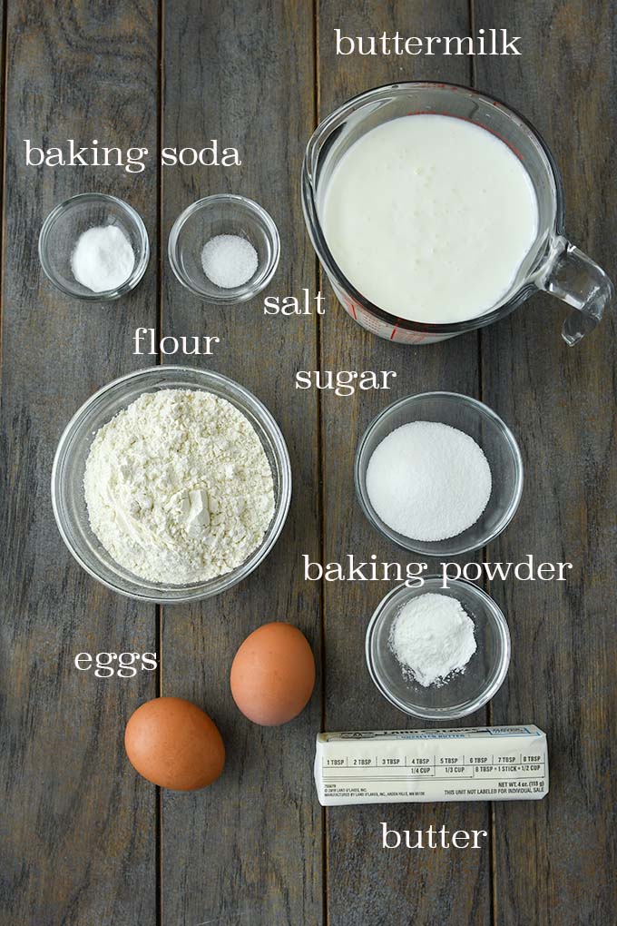 All of the ingredients needed to make buttermilk pancakes.