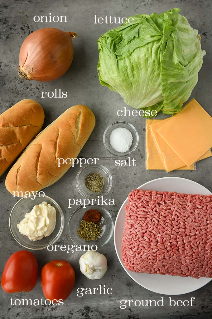 All of the ingredients needed to make NY style chopped cheese sandwiches.