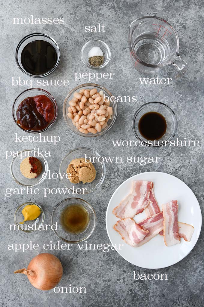 All of the ingredients needed to make bbq baked beans.