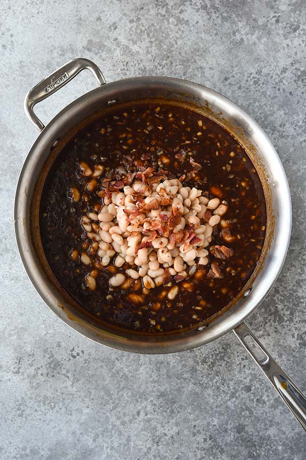 Step four is adding the beans and bacon in.