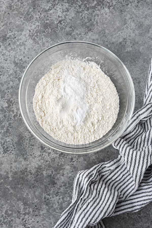Step one is a glass bowl with dry ingredients.
