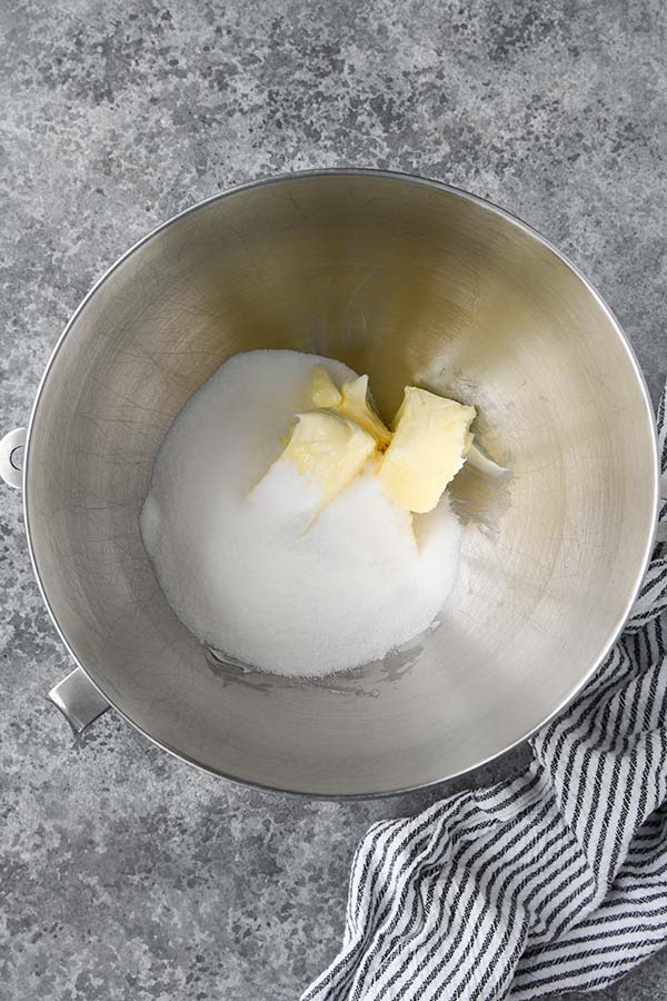 Step two is the sugar and butter in the bowl of a stand mixer.