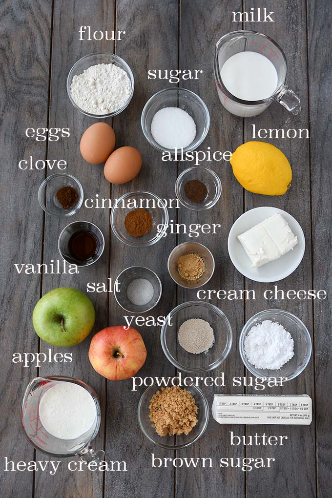 All of the ingredients needed to make apple cinnamon rolls.