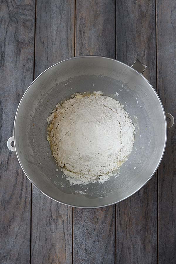 Step one is the flour added in to make the dough.