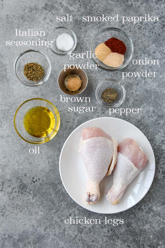 All of the ingredients needed to make roasted chicken legs.