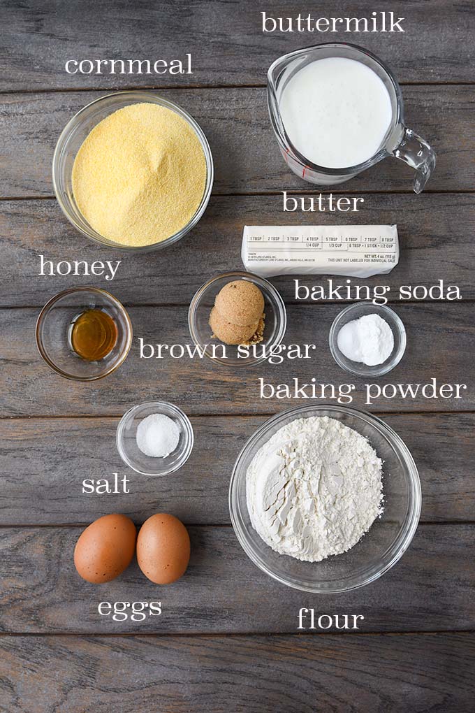 All of the ingredients needed to make this cornbread recipe.