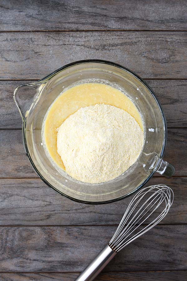 Step five is adding the dry ingredients into the wet ingredients.