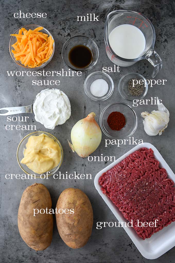 All of the ingredients needed to make this ground beef casserole recipe.