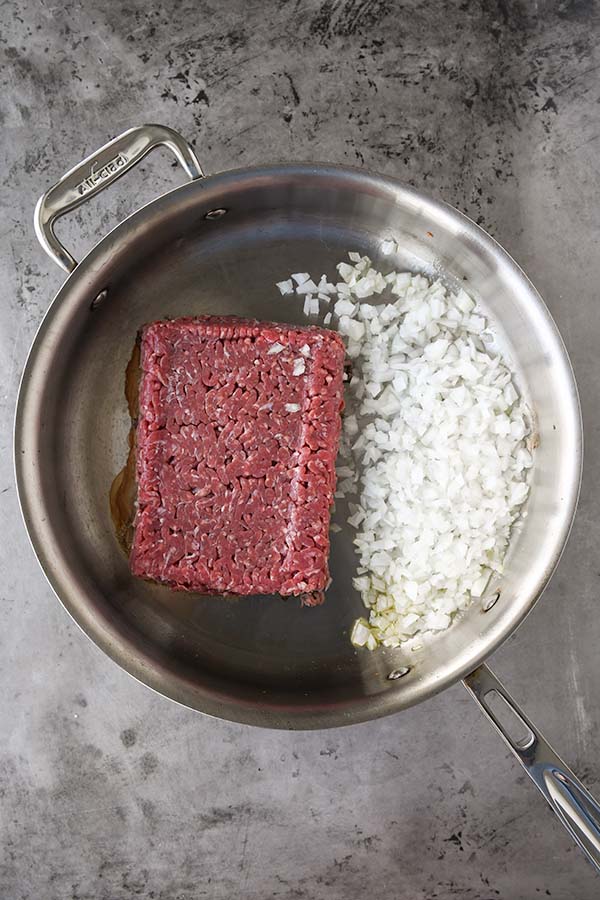 Step one is the ground beef and onion browning in the pan.