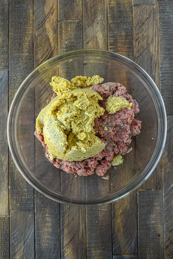 Step three is mixing together the beef mixture with the breadcrumb mixture.