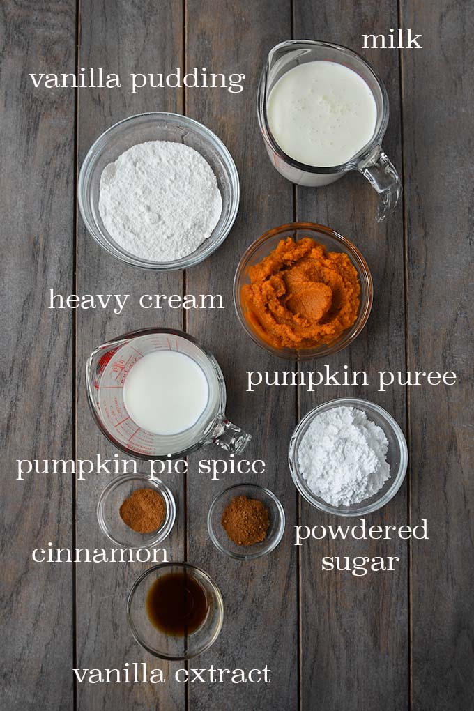 All of the ingredients needed to make pumpkin fluff.