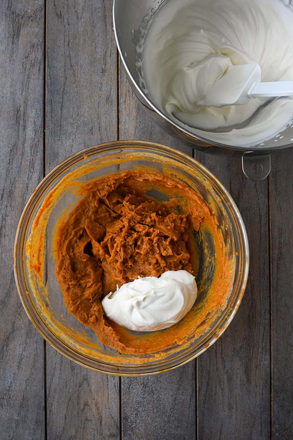 Step five is the pumpkin mixture with 1/3 of the whipped cream added in.