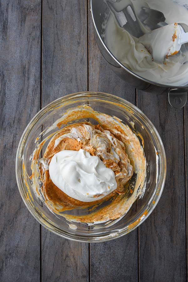 Step six is the rest of the whipped cream into the pumpkin mix.